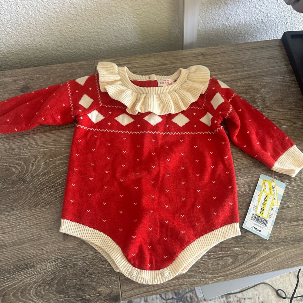 Cat & Jack Red & Cream Knit Ruffle Collar One-Piece